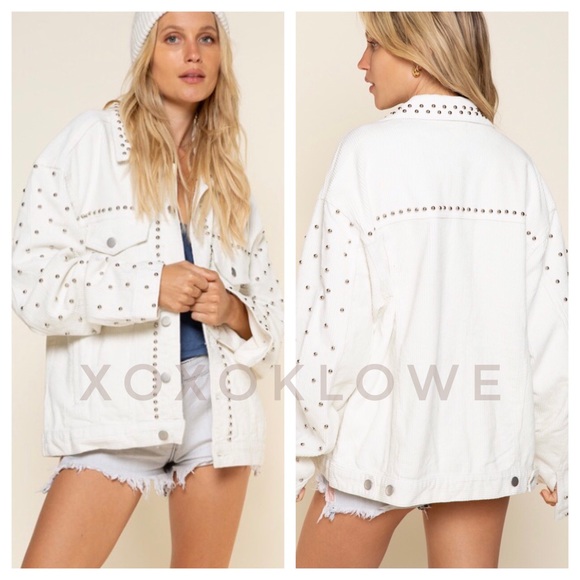 POL Oatmeal Beige Studded Corduroy Trucker Jacket Relaxed Fit - Picture 13 of 14